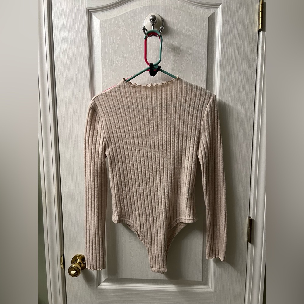 Cream Ribbed Long Sleeve Fitted Bodysuit